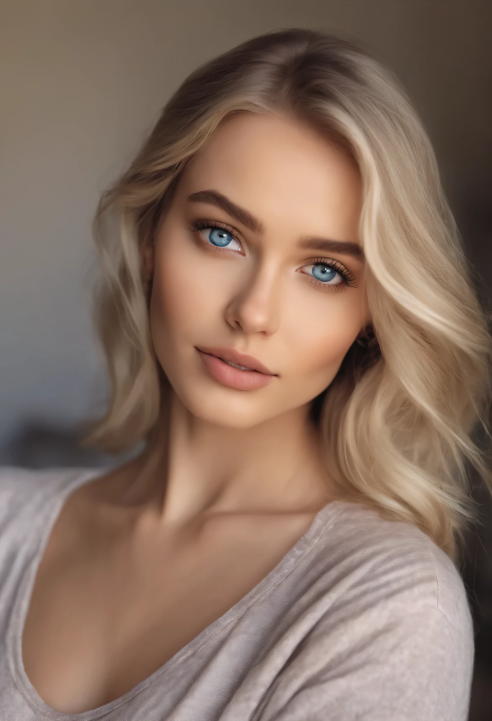 Fully Alafed Women , Sexy girl with blue eyes, hyperrealistic, carefully detailed, Portrait of Sophie Mudd, Blonde hair and big eyes, selfie of a young woman, глаза In the bedroom, Violet Myers, No makeup, Natural makeup, looking straight into the camera, face with artgram, subtle makeup, amazing full body shot, kneeling on the bed, In the bedroom, Medium and Large Bust; ; ;naked