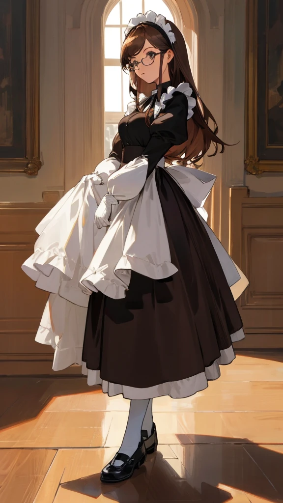 Masterpiece, Best Quality, extremly detailed, Cinematic lighting, intricate detials, hight resolution, official arts, finely detailed beautiful face and eyes, high-resolution illustration, 8K, dark intense shadows, 1girl, medium breast, long brown hair, copper hair tips, brown eyes, glasses, (swept bangs), maid uniform, dark blue dress, black shirt, puffy sleeves, long sleeves, white gloves, maid headdress, white socks, black shoes, full body