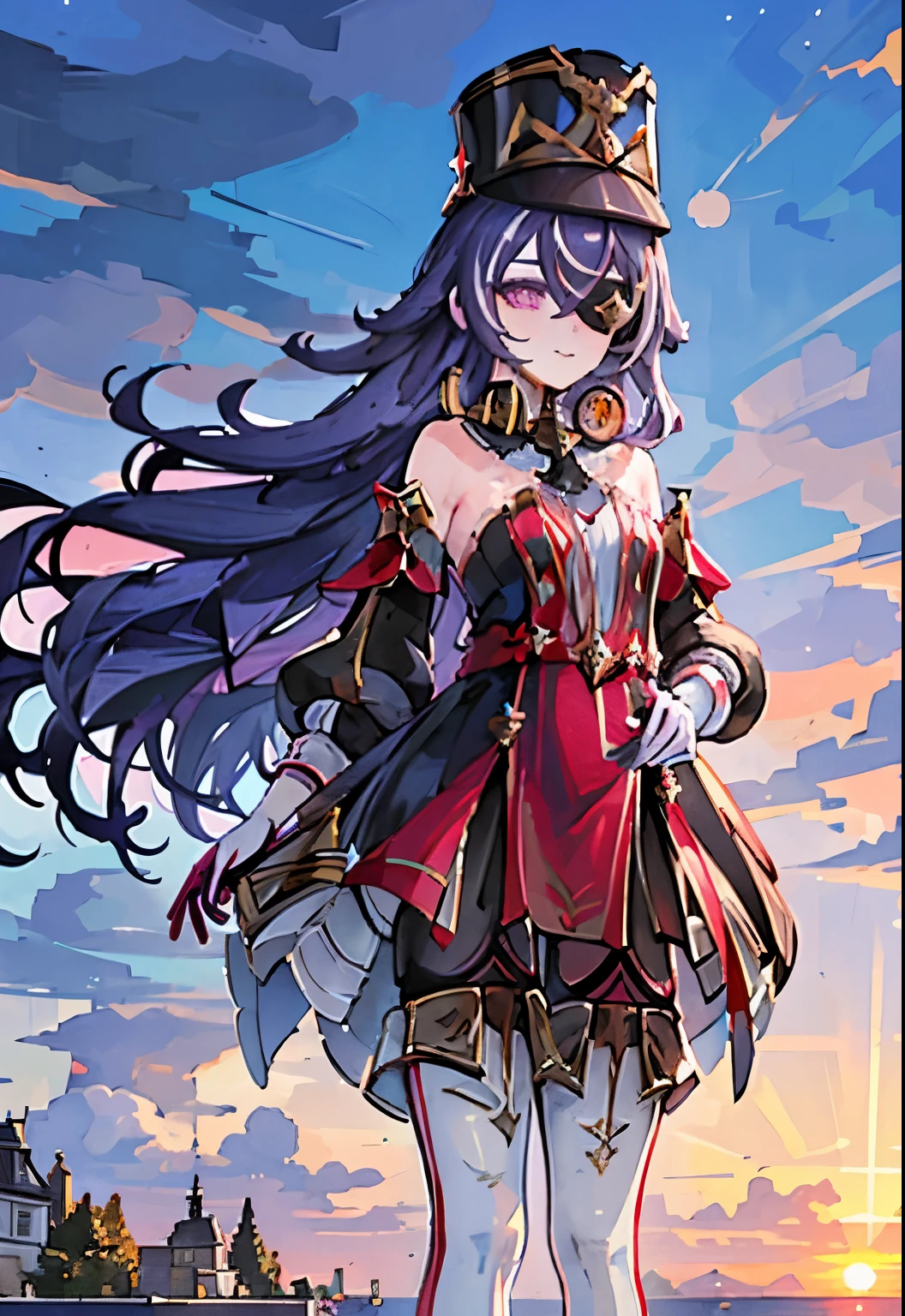 ((masterpiece,best quality)), 1girl, chevreuse, Detailed background、((Detailed and beautiful sunset sky background)), shako cap, eyepatch, detached sleeves, gloves, black pantyhose, thigh boots, smile