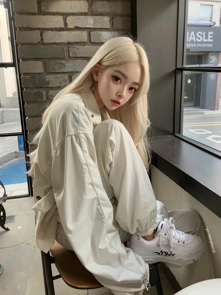 araffe sentado en una silla frente a una ventana con un zapato blanco, parque roseanne de blackpink, ella lleva ropa de calle, jennie rosa negro, su cabello es blanco, con pelo largo y blanco, con el pelo largo y blanco, mujer en ropa de calle, ulzzang, muchacha coreana, very very pale blonde hair, linda ropa de calle informal, kim doyoung, peinado de corte hime blanco