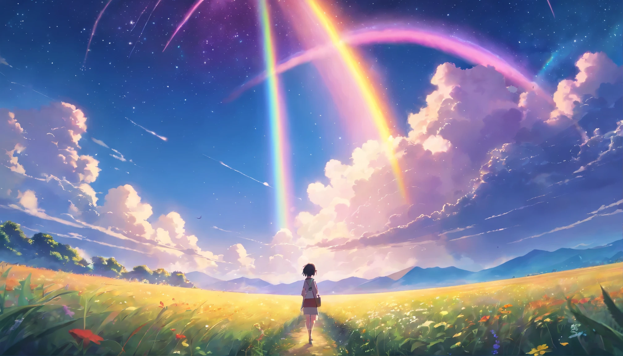 makoto shinkai, vast landscape photography , (View from below showing the sky above and open fields below), A girl standing in a flower field and looking up, (full moon:1.2), ( shooting star:0.9), (nebula:1.3), distant mountain, Tree BREAK production art, (warm light source:1.2), (fire Fly:1.2), lamp, lots of purple and orange, intricate details, Volume lighting BREAK (masterpiece:1.2), (highest quality), 4K, super detailed, (dynamic composition:1.4), very detailed, colorful details,( rainbow colors:1.2), (shining lighting, atmosphere lighting), dream-like, Magic, (alone:1.2)