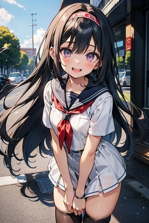 1girl in、AS-Adult、A smile、The shirt、skirt by the、（small tits）Chilarism、Japan High School Student Uniform、serafuku、summer clothing、（Sheer Bra）、Upper body portrait、the wind、