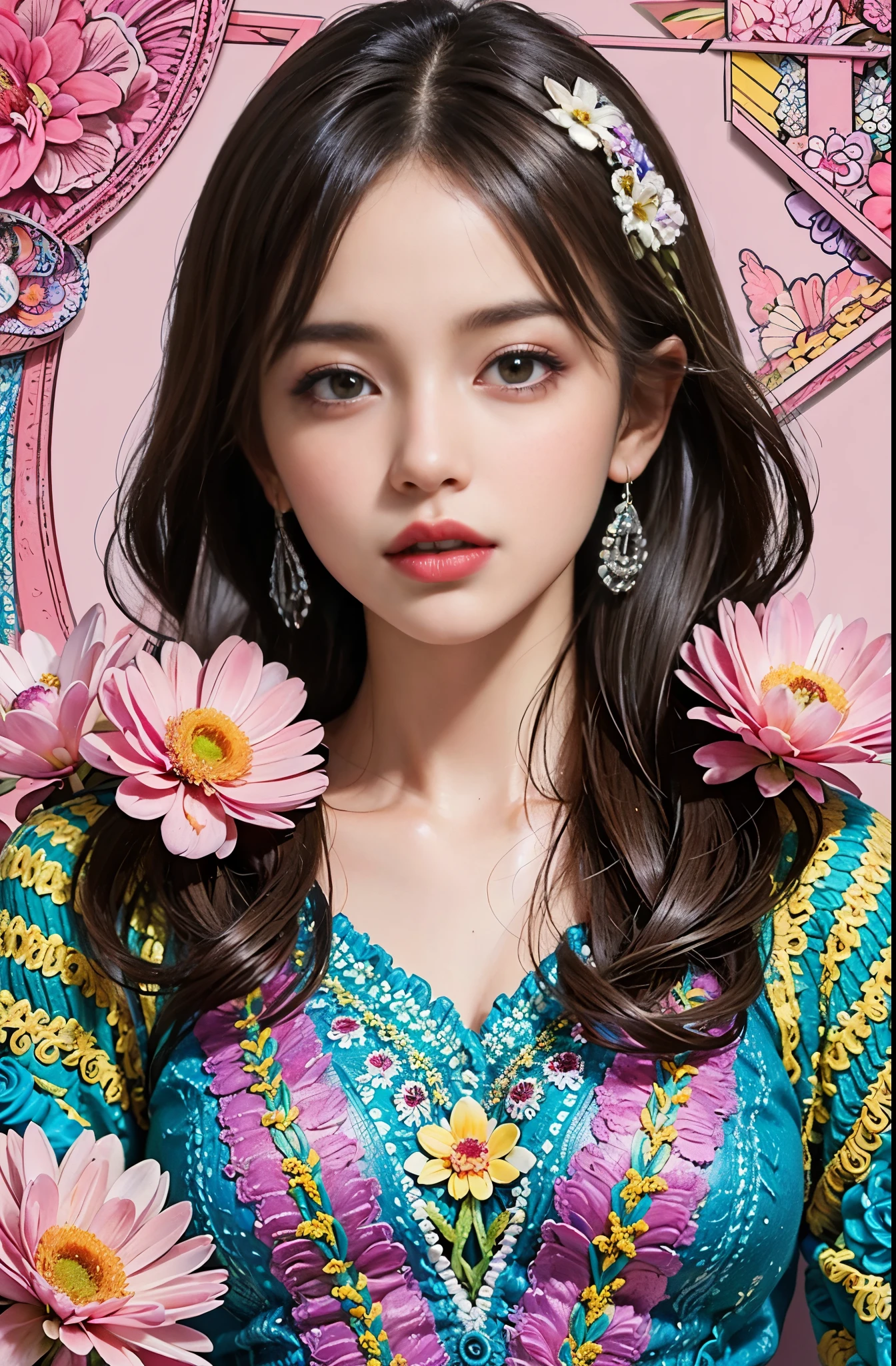 (ultra-detailed background, detailed background), disorganized, High resolution, Super detailed, very detailed, 1 girl, (Bunch of flowers:1.3), (zentangle:1.2), (geometric:1.2),(colorful),pink lipstick,