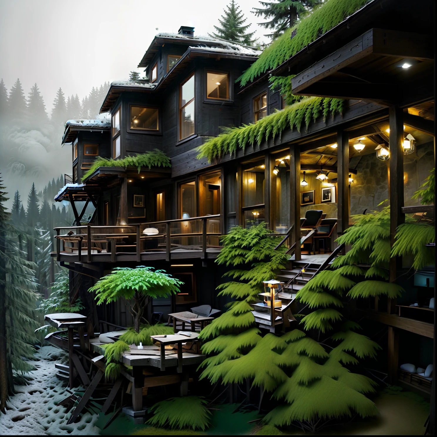 A double-height ceiling living room with a large, floor-to-ceiling window on one side log cabin. Outside is a dark snow-covered landscape. The living area is furnished with plush, contemporary sofas and chairs in neutral tones, grouped around a low, central coffee table. The room's color palette is composed of dark brown and warm tones, with the soft lighting from various lamps adding a cozy ambiance.