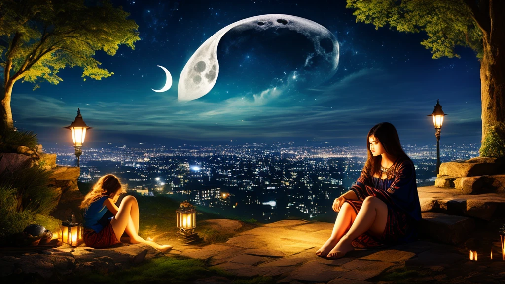 night view、best image quality、Sleep induction、woman sitting on the crescent moon、fantasy、Mysterious、