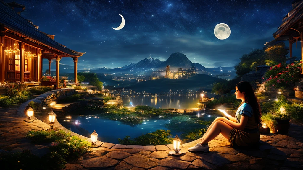 night view、best image quality、Sleep induction、woman sitting on the crescent moon、fantasy、Mysterious、