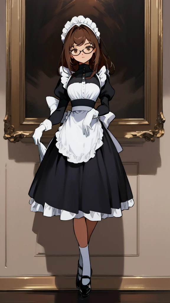 Masterpiece, Best Quality, extremly detailed, Cinematic lighting, intricate detials, hight resolution, official arts, finely detailed beautiful face and eyes, high-resolution illustration, 8K, dark intense shadows, 1girl, medium breast, long brown hair, copper hair tips, brown eyes, glasses, (swept bangs), maid uniform, dark blue dress, black shirt, puffy sleeves, long sleeves, white gloves, maid headdress, white socks, black shoes, full body