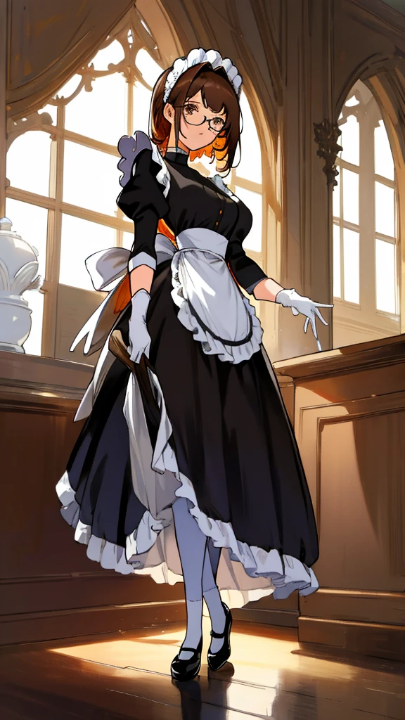 Masterpiece, Best Quality, extremly detailed, Cinematic lighting, intricate detials, hight resolution, official arts, finely detailed beautiful face and eyes, high-resolution illustration, 8K, dark intense shadows, 1girl, medium breast, long brown hair, copper hair tips, brown eyes, glasses, (swept bangs), maid uniform, dark blue dress, black shirt, puffy sleeves, long sleeves, white gloves, maid headdress, white socks, black shoes, full body