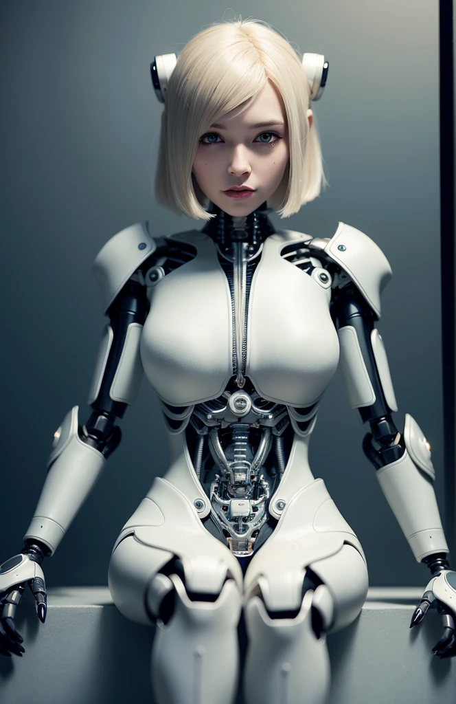 Intricate 3d rendering of highly detailed beautiful ceramic silhouette female robot face, robot, beautiful girl face,blonde hair, human torso, robot limbs, 150 mm, beautiful studio soft light, rim light, vibrant details, luxurious cyberpunk, lace, surreal, anatomy, facial muscles, cables wires, microchip, elegant, beautiful background, octane rendering, HR Giger style, 8k, best quality, masterpiece, illustration, very delicate and beautiful, very detailed, CG, unity, wallpapedelity, fidelity: 1.37), amazing, fine detail, masterpiece, best quality, official art, very detailed cg unity 8k wallpaper, absurd, unbelievably absurd, robot, full body, sitting