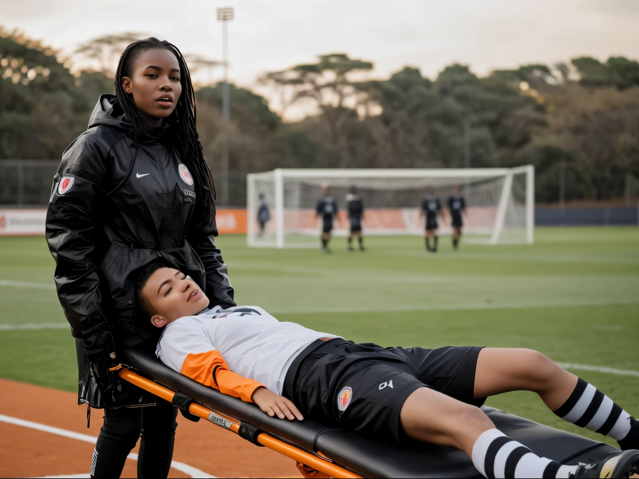 soccer, sports injury, theatralic erotic action, intense erotic scene, erotic pose, a love scene, interracial loving action, erotic, an injured soccer-boy in matte cotton sportswear is rearing up in pain on a stretcher, an injured soccer-boy in matte cotton sportswear is rearing up in pain on a stretcher that is carried by his african girlfriend, there is an attractive african girl in a deep black high-shine biker-jacket, a terrified but attractive african girl is evacuating her injured soccer-boyfriend from a soccer field, an injured soccer-boy in matte cotton sportswear is rearing up in pain on a stretcher while he is evacuated from the field of play by his very attractive african girlfriend, an injured soccer-boy is crying in pain, an attractive african girl in a wet deep black shiny plastic-jacket is giving first aid, dramatic action scene, first aid, injury, pain, agony, helping woman, woman carrying a man, an attractive african girl in a black shiny biker- jacket, an attractive african girl in a wetlook shiny patent-leather-biker-jacket with lipstick and madeup smokey eyes, a consciousless german boy in a cotton shirt and a matte jeans, an attractive african girl with lots of makeup in a very shiny wet black biker-jacket, an attractive african girl is wearing a shiny bikerjacket, an attractive african girl with smokey eyes, an attractive madeup girl in shiny leather with lipstick, an attractive african girl is carrying a german boy, a matte clothed injured boy, a shorthaired boy with cotton t-shirt, a shorthaired boy needs to be carried while wearing matte sportswear