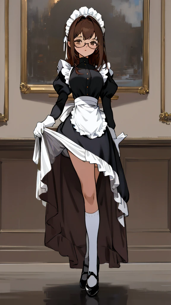 Masterpiece, Best Quality, extremly detailed, Cinematic lighting, intricate detials, hight resolution, official arts, finely detailed beautiful face and eyes, high-resolution illustration, 8K, dark intense shadows, 1girl, medium breast, long brown hair, copper hair tips, brown eyes, glasses, (swept bangs), maid uniform, dark blue dress, black shirt, puffy sleeves, long sleeves, white gloves, maid headdress, white socks, black shoes, full body