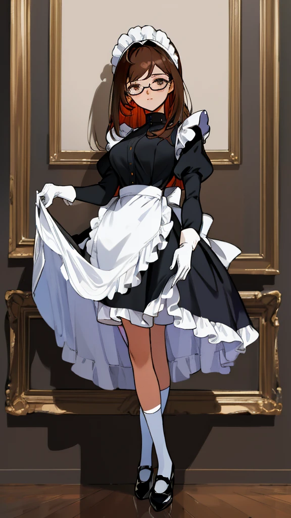 Masterpiece, Best Quality, extremly detailed, Cinematic lighting, intricate detials, hight resolution, official arts, finely detailed beautiful face and eyes, high-resolution illustration, 8K, dark intense shadows, 1girl, medium breast, long brown hair, copper hair tips, brown eyes, glasses, (swept bangs), maid uniform, dark blue dress, black shirt, puffy sleeves, long sleeves, white gloves, maid headdress, white socks, black shoes, full body