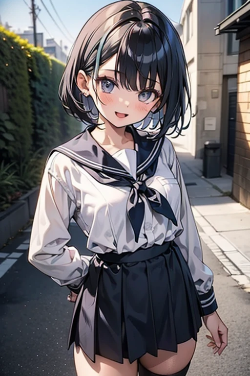 body 8 times longer than head, (Highly detailed CG unity 8k), （highest quality），（very detailed），（ultra high resolution）, black hair, High school girl in sailor suit, （navy blue sailor suit）, Anime 2D rendering, realistic young anime high school girl, Smooth anime 2D CG art, （headband）, smile, purple eyes, small breasts, tall, Straight hair, bob cut, slanted eyes, （school scenery）, black stockings, bright color, High-definition, open your mouth a little, Clear outline, shame, 