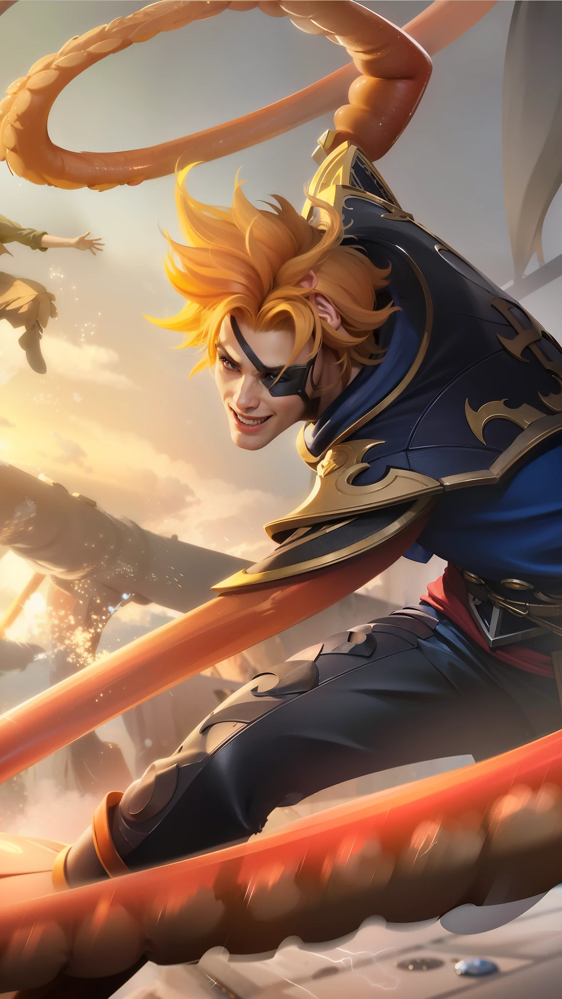 masculine male, masterpiece, ((perfect eyes)) best quality, (semirealism:1.9), beautiful lighting, (extremely detailed CG unity 4k fhd wallpaper), High Detail, Sharp focus, dramatic outdoors,40 years old, brown short hair, blue eyes, smile, Boy with two big horns, big earrings on ears, elf ear, red eyes, Thick eyebrows, evil smile, grinning,red body, red face, Burning skin, yellow diamonds glistening on chest, burning red skin,golden robe behind, big white belt , 8k , realistic, scary.