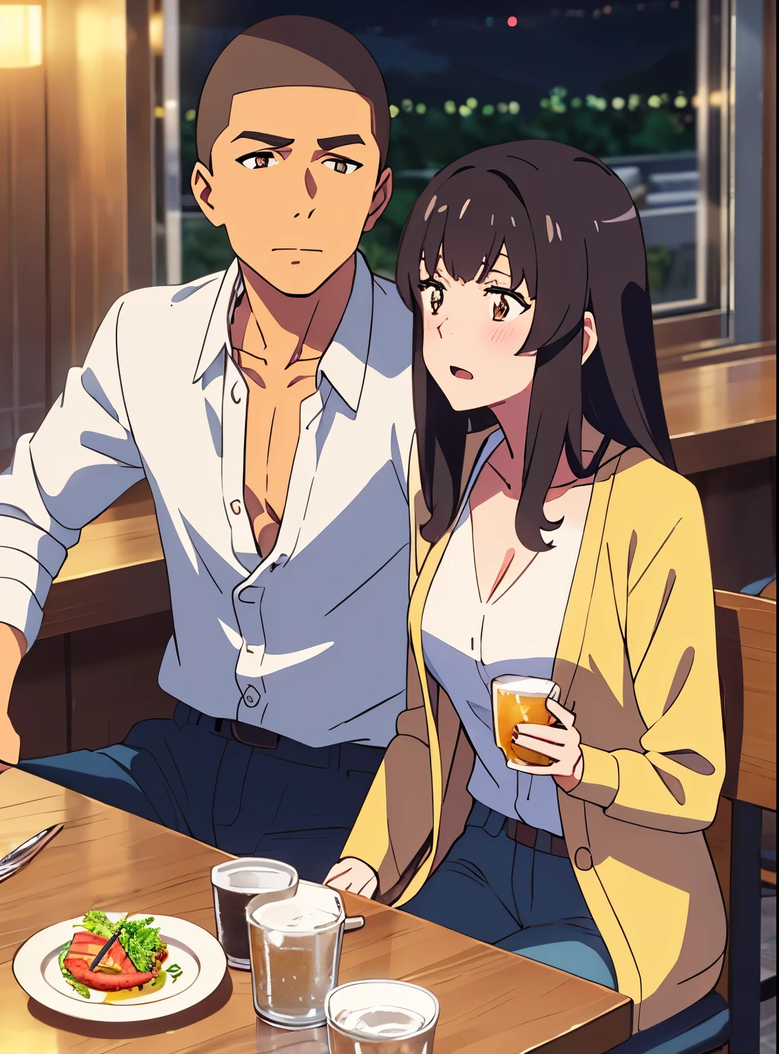 shinkai makoto, kimi no na wa., 1boy, buzzcut, office attire, boy's arms placed over girl's shoulder, drunk, boy sit beside girl, boy caressing girl's body, 1girl, bangs, black hair, brown eyes, open mouth, blush, twisted half up, red ribbon, long hair, long sleeve light yellow cardigan, open shirt, white shirt, cleavage, breast, medium breast, blue pants, drinking party,nomikai, table, food drinks, beer, indoors, night, masterpiece, perfect anatomy, cowboyshot,