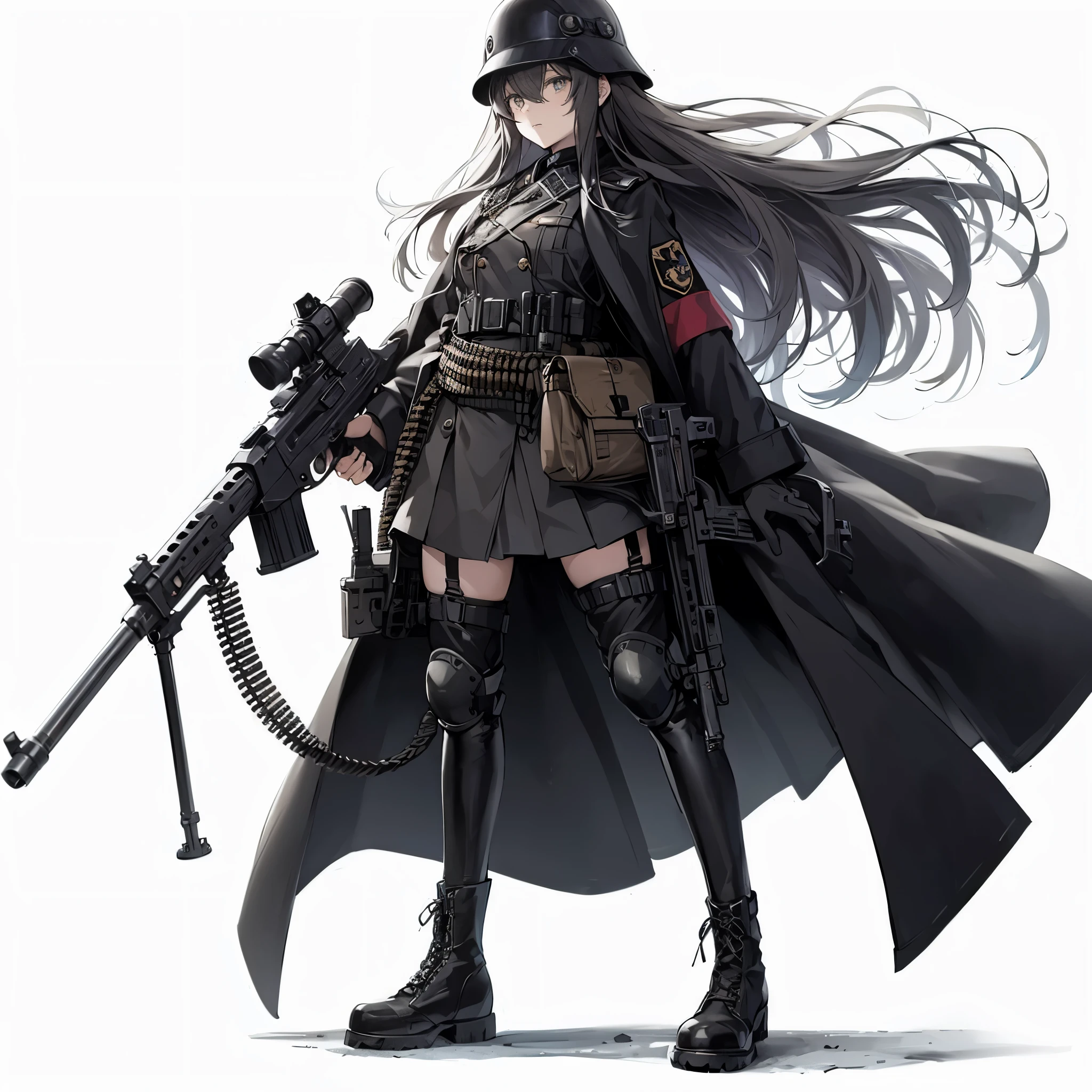 (Masterpiece, best quality), (perfect athlete body: 1.2), (detailed hair), super detailed, anime style, full body, solo, German military uniform girl, long black coat, Mamoru Oshii's jin-roh protect gear, German military-like iron helmet, MG-42 heavy machine gun raised, wearing long boots, standing on the battlefield, white background, whole-body, full-length view,