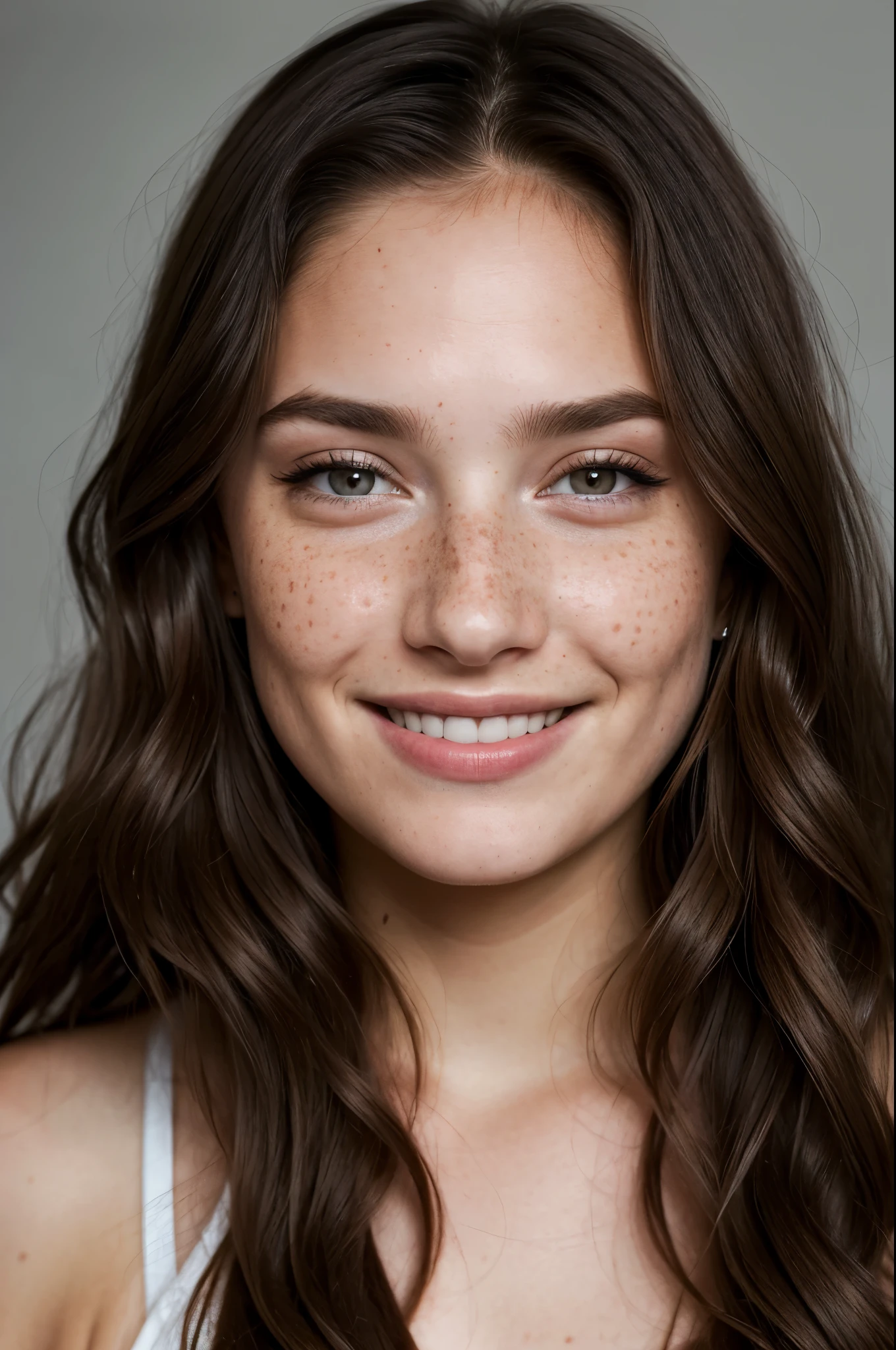 (highres:1.2)(ultra-detailed,realistic:1.37),portrait,dark makeup, intense look, freckles, big smile, (soft lighting,subtle lighting),hyper-detailed photography,(black and long hair), gray eyes