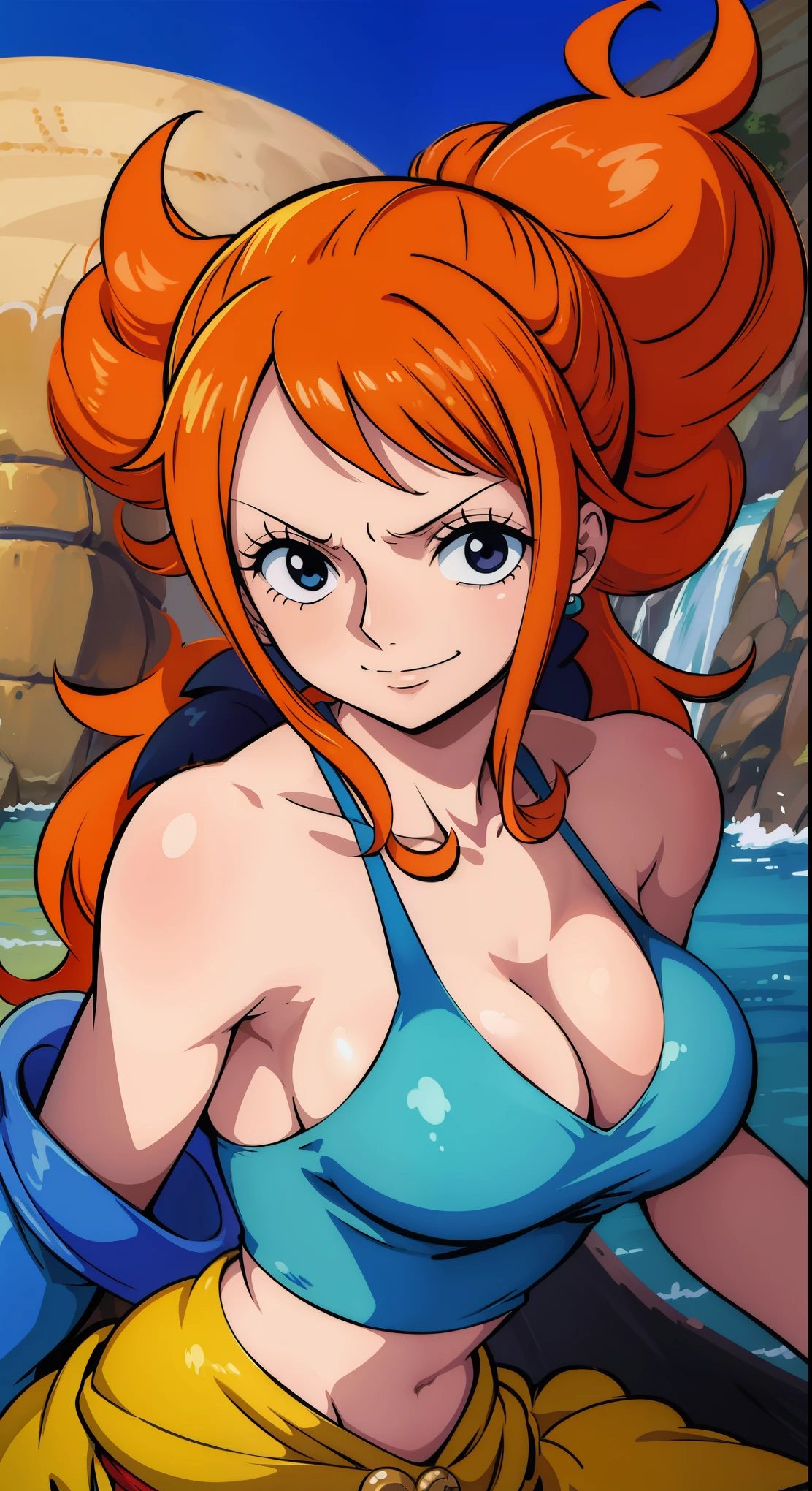 a cartoon picture of a woman in a bikini top and jeans, nami one piece, nami from one piece, nami, beautiful portrait of nami, from one piece, oppai, blue eyes, smoking, ponytail, nsfw