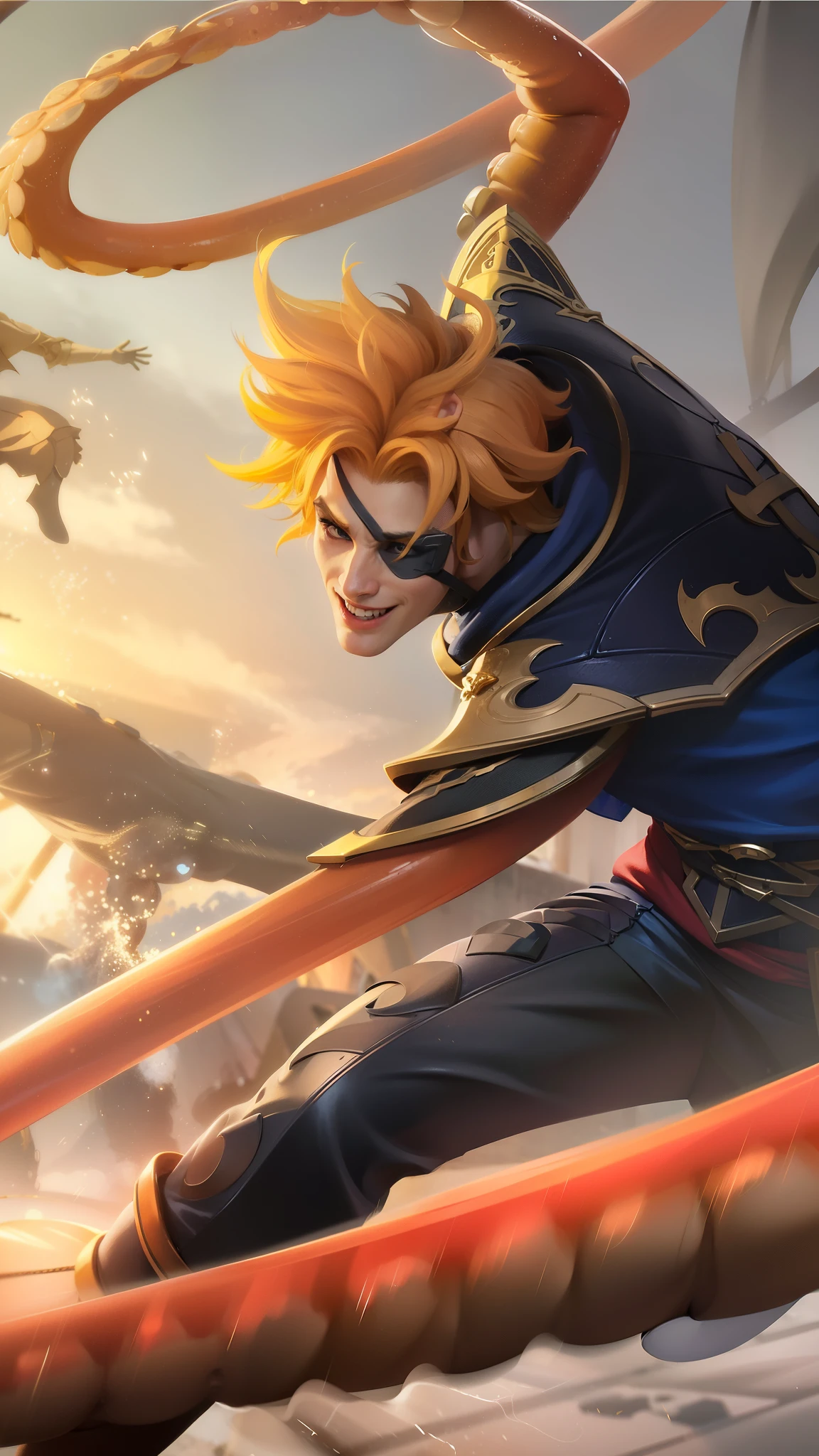 masculine male, masterpiece, ((perfect eyes)) best quality, (semirealism:1.9), beautiful lighting, (extremely detailed CG unity 4k fhd wallpaper), High Detail, Sharp focus, dramatic outdoors,40 years old, brown short hair, blue eyes, smile, Boy with two big horns, big earrings on ears, elf ear, red eyes, Thick eyebrows, evil smile, grinning,red body, red face, Burning skin, yellow diamonds glistening on chest, burning red skin,golden robe behind, big white belt , 8k , realistic, scary.