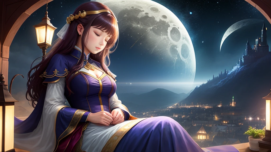 night view、best image quality、Sleep induction、woman sitting on the crescent moon、fantasy、Mysterious、