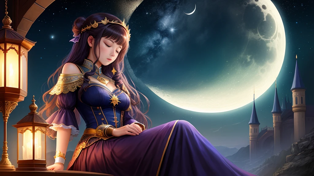 night view、best image quality、Sleep induction、woman sitting on the crescent moon、fantasy、Mysterious、