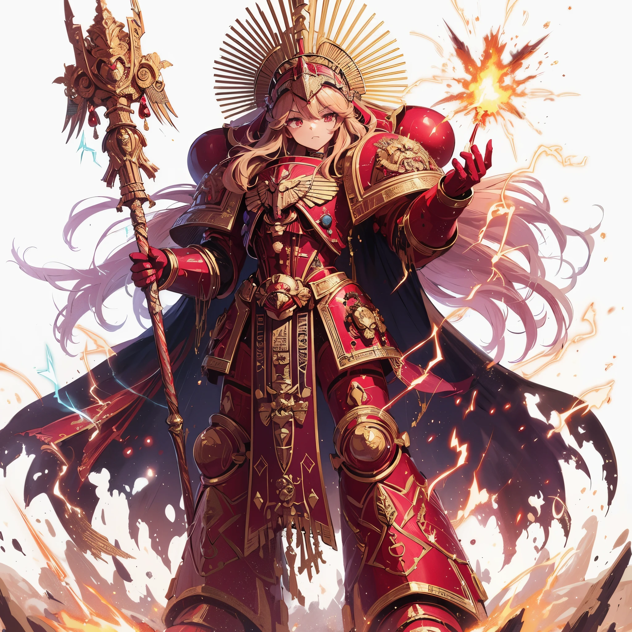 Masterpiece, best quality, ultra-detailed, anime style, solo, full body of space marine girl, crimson power armor with gold trim, Egyptian-style headdress and holds up sorcerer's staff, supernatural flame and lightning, standing on battle ground, Warhammer 40K, 8k high resolution, trending art station, white background, whole body,