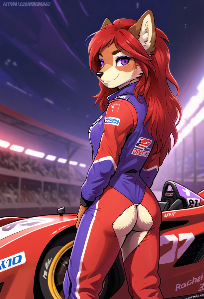 an anthropomorphic, female, hairy vixen, she has Rachel-style red hair, her eyes are blue and well detailed, her body is well defined and detailed, she is wearing a purple racing driver suit with the word Genix written on the suit, she is standing at the side of a red racing car, 2d art style.