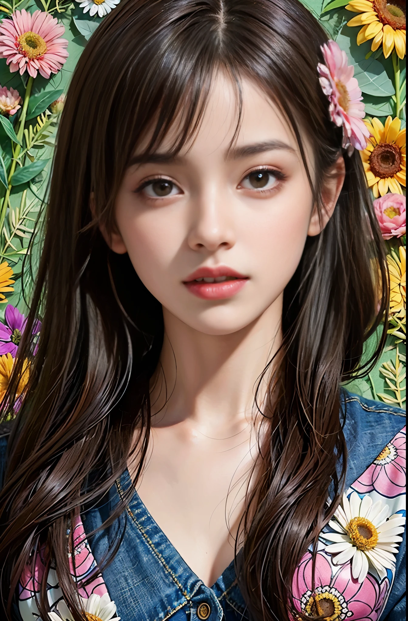 (ultra-detailed background, detailed background), disorganized, High resolution, Super detailed, very detailed, 1 girl, (Bunch of flowers:1.3), (zentangle:1.2), (geometric:1.2),(colorful),pink lipstick,