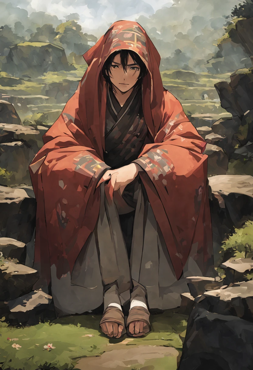 Gere uma imagem de um jovem chamado Yukio. Ele veste roupas simples e informais, reflecting their disconnection from social formalities. Your cloak must be a traditional Kimono from the feudal period of Japan.; algo desgastado pelo tempo, and that shows signs of a lonely journey. Cabelos escuros e despenteados pelo vento caem sobre seu rosto, creating a curtain that hides your expressions. The eyes reveal curiosity and deep determination. Your posture is relaxed, But there's an innate alertness in your movements. Agile, calloused hands rest at the sides of the body. Certifique-se de capturar a dualidade de simplicidade e complexidade, reflecting Yukio's constant search for a Master who can train him and make him strong. You need to have a face free of flaws and imperfections; ele deve estar sozinho na cena. Remember not to create a too fanciful scene, focus on the issue that it is located in ancient feudal Japan, in the Samurai period. His appearance must be similar to that of a peasant from that period..