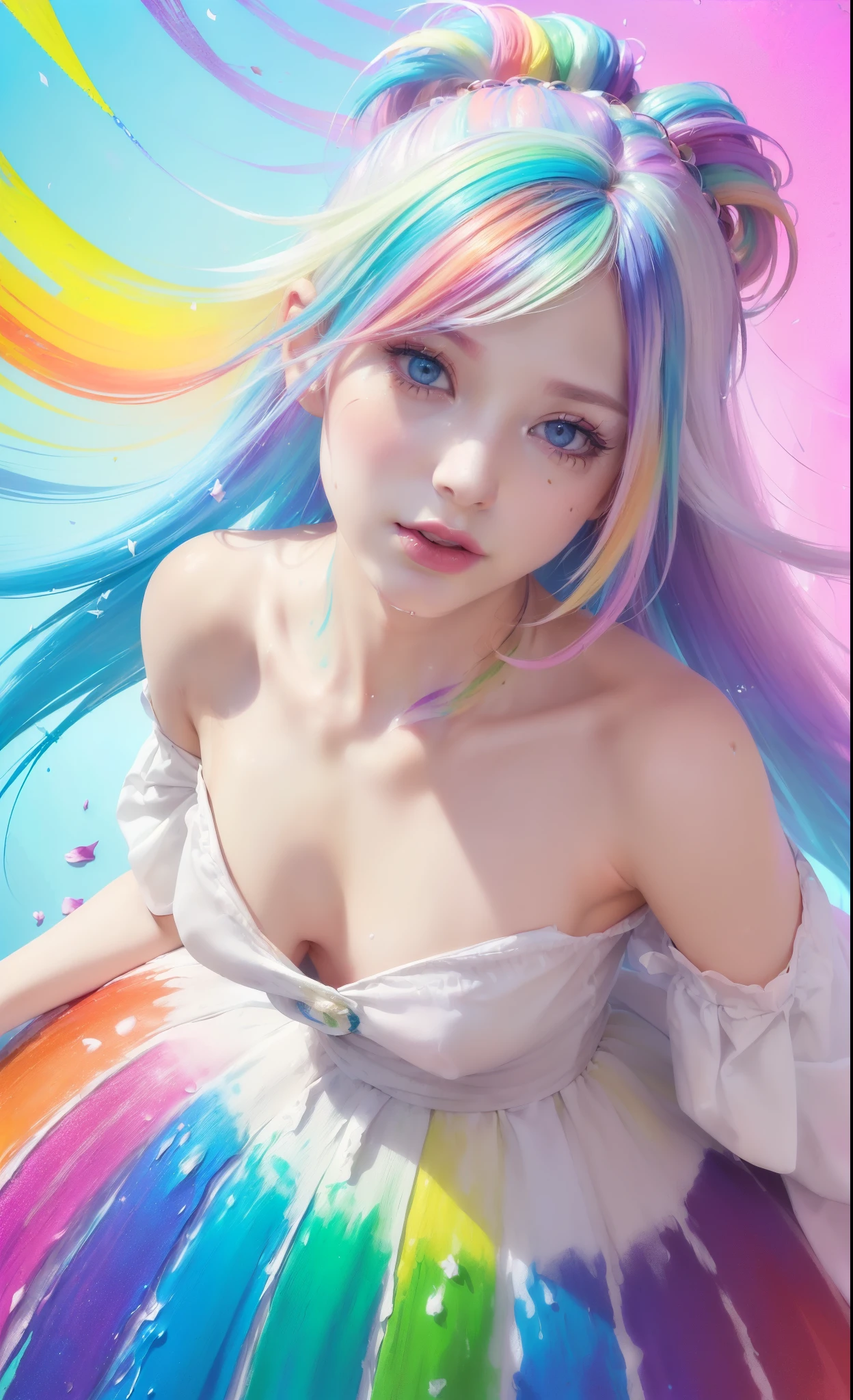 (Pink Fashion T-shirt:1.9),(Colorful hair: 1.8), (all the colours of the rainbow: 1.8),(((((vertical painting:1.6))), (painting:1.6),front, comics, illustrations, paintings, large eyes, crystal clear eyes,( rainbow color gradient high ponytail:1.7), exquisite makeup, closed mouth,(Small Fresh: 1.5),(Wipe Chest: 1.6) ,long eyelashes, white off shoulder T-shirt, White Shoulder Shirt,looking at the audience, large watery eyes, (rainbow colored hair:1.6), color splash, (solo:1.8), color splash, color explosion, thick paint style, messy lines, ((shining)),(colorful), (colorful), (colorful), colorful, Thick Paint Style, (Splash) (Color Splash), Vertical Painting, Upper Body, Paint Splash, Acrylic Pigment, Gradient, Paint, Highest Image Quality, Highest Quality, Masterpiece, Solo, Depth of Field, Face Paint, colorful clothes, (Elegant: 1.2), gorgeous,long hair, wind, (Elegant: 1.3), (Petals: 1.4),(((masterpiece))),(((best quality))),((ultra-detailed)),(illustration),(dynamic angle),((floating)),(paint),((disheveled hair)),(solo),(1girl) , (((detailed anima face))),((beautiful detailed face)),collar,bare shoulders,white hair, ((colorful hair)),((streaked hair)),beautiful detailed eyes,(Gradient color eyes),(((colorful eyes))),(((colorful background))),(((high saturation))),(((surrounded by colorful splashes))),