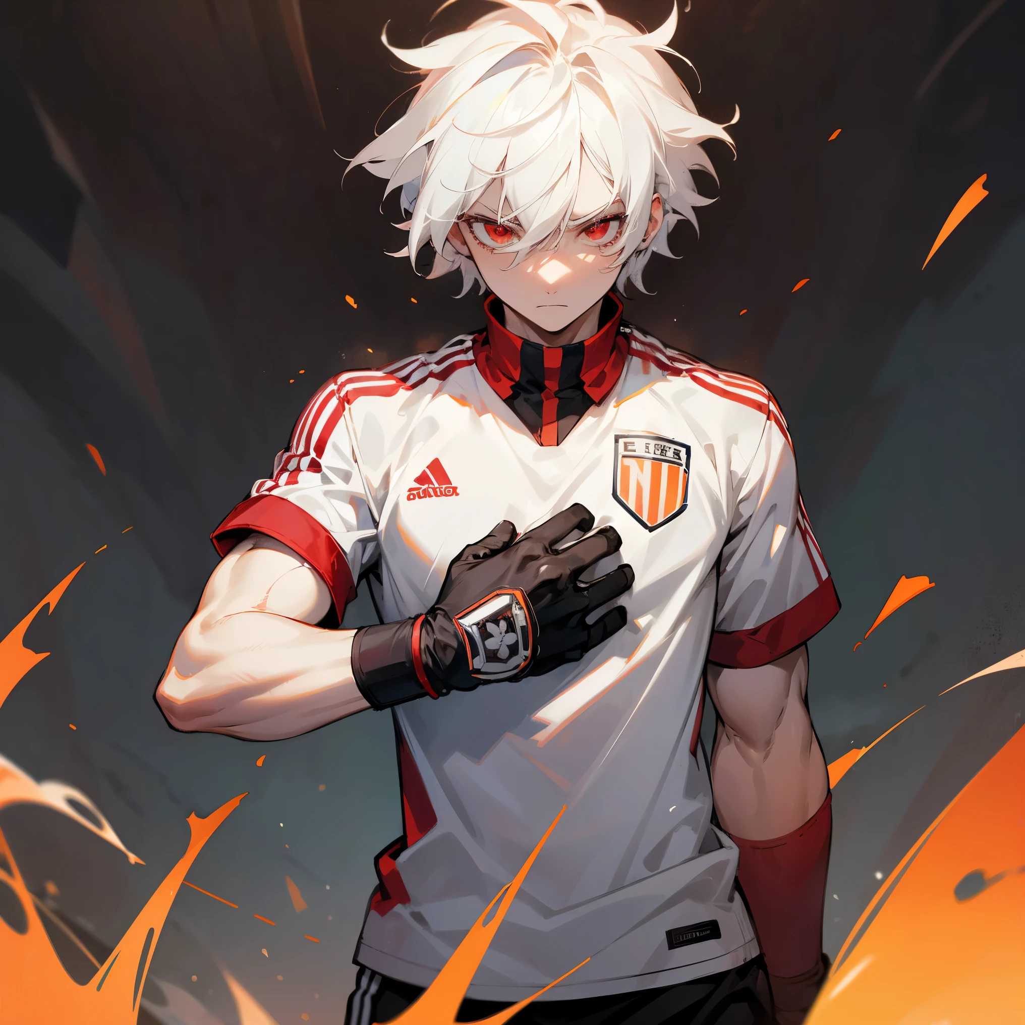 Pale Messy White Hair , Red Eyes , Serious Expression , Soccer Jersey , Standing on field , Short Sleeves , Soccer Gloves , 1male , Muscular
