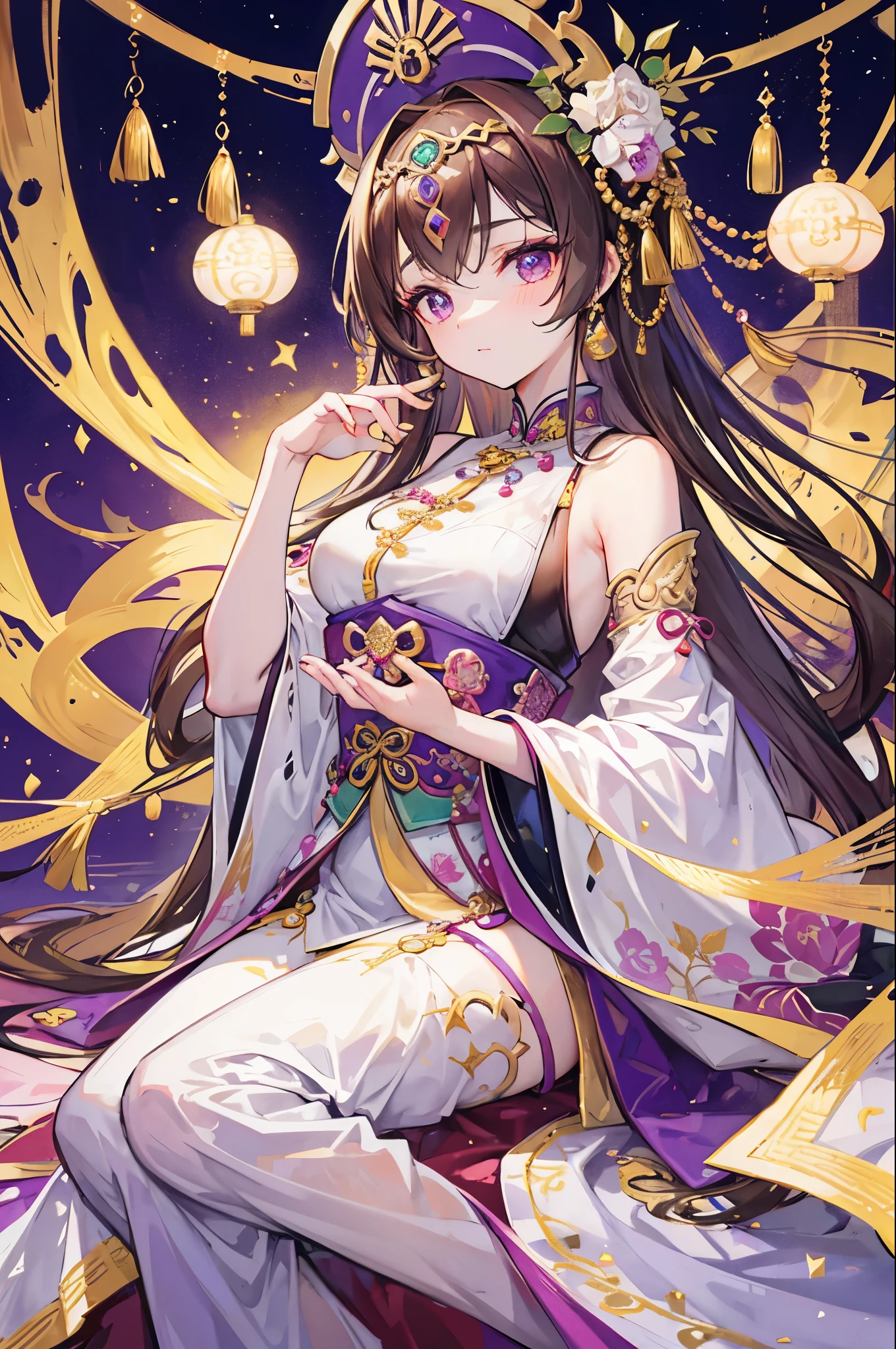 Little princess，Extremely handsome, beautiful, tender and young，Late Qing Dynasty，Covered with gold and silver jewelry, luminous pearls and jade rings，Various decorations are prosperous，infinite beauty，Bit high weight，Light purple brown color scheme