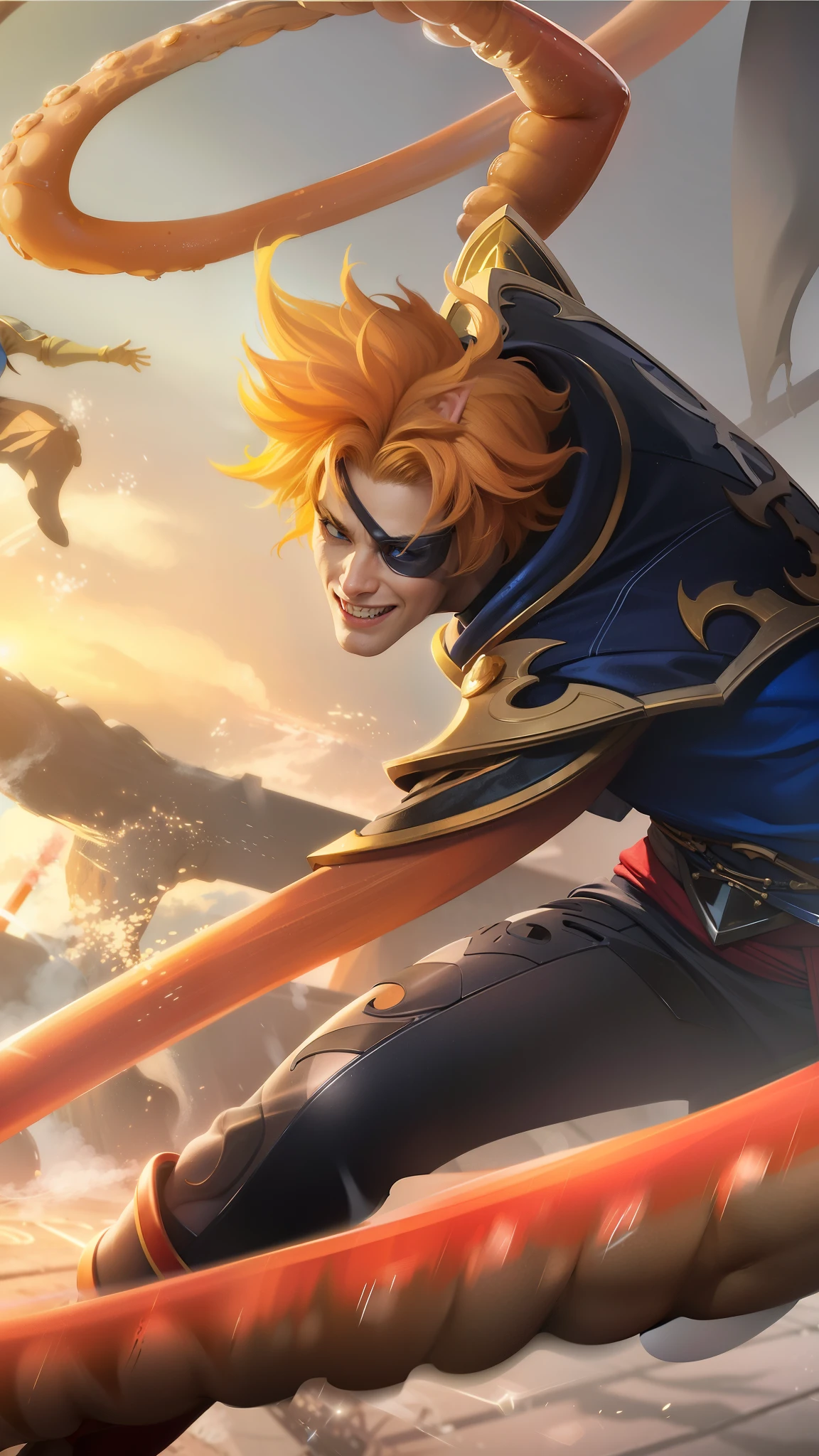 masculine male, masterpiece, ((perfect eyes)) best quality, (semirealism:1.9), beautiful lighting, (extremely detailed CG unity 4k fhd wallpaper), High Detail, Sharp focus, dramatic outdoors,40 years old, brown short hair, blue eyes, smile, Boy with two big horns, big earrings on ears, elf ear, red eyes, Thick eyebrows, evil smile, grinning,red body, red face, Burning skin, yellow diamonds glistening on chest, burning red skin,golden robe behind, big white belt , 8k , realistic, scary.
