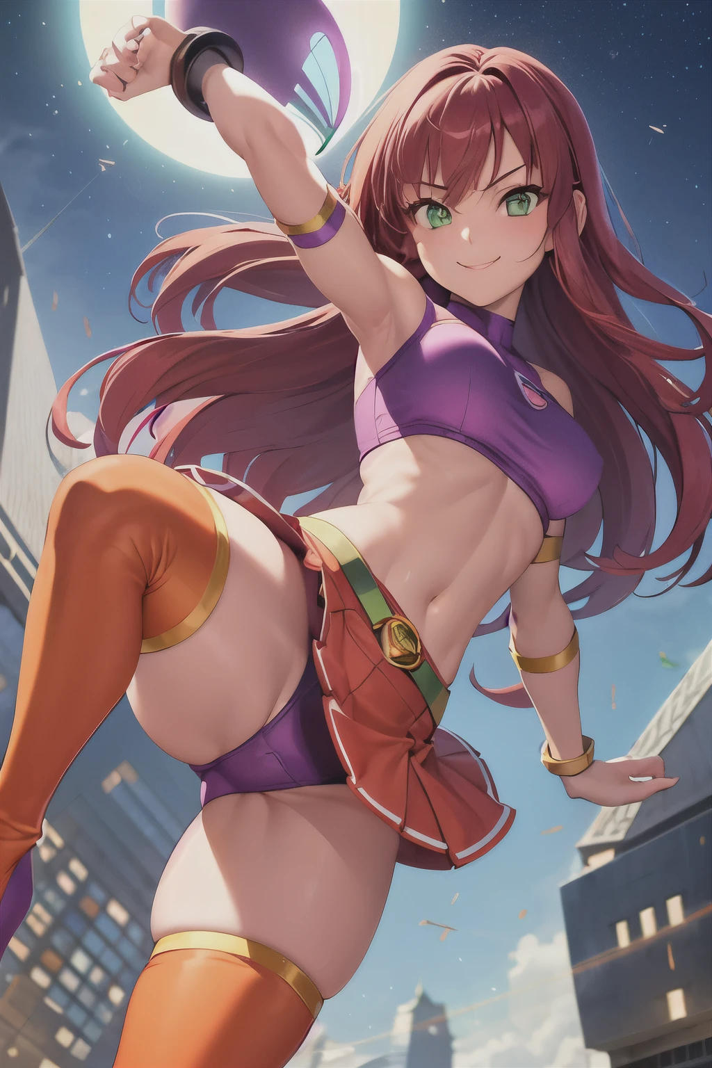 masterpiece, best quality, 1girl, starfire, red hair, long hair, green eyes, orange skin, crop top, midriff, miniskirt, thighhighs, thigh boots, glowing, casting magic green balls, solo, looking at viewer, smile, solo, blue sky, flying, city below