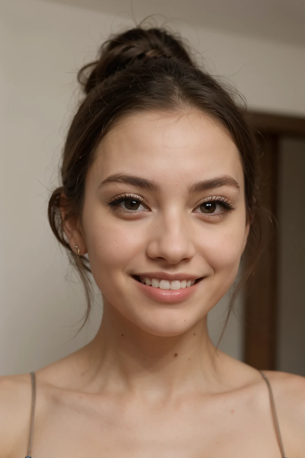 ((melhor qualidade)), ((obra de arte)), (detalhado), mulher modelo, de pele branca e c, cabeperfeita castanhos escuros, olhos cor de mel, dentes brancos naturais, sorriso lindo e atraente, olhos nariz e orelhas pequenos e perfeito, corpo sensual usando vestido curto
