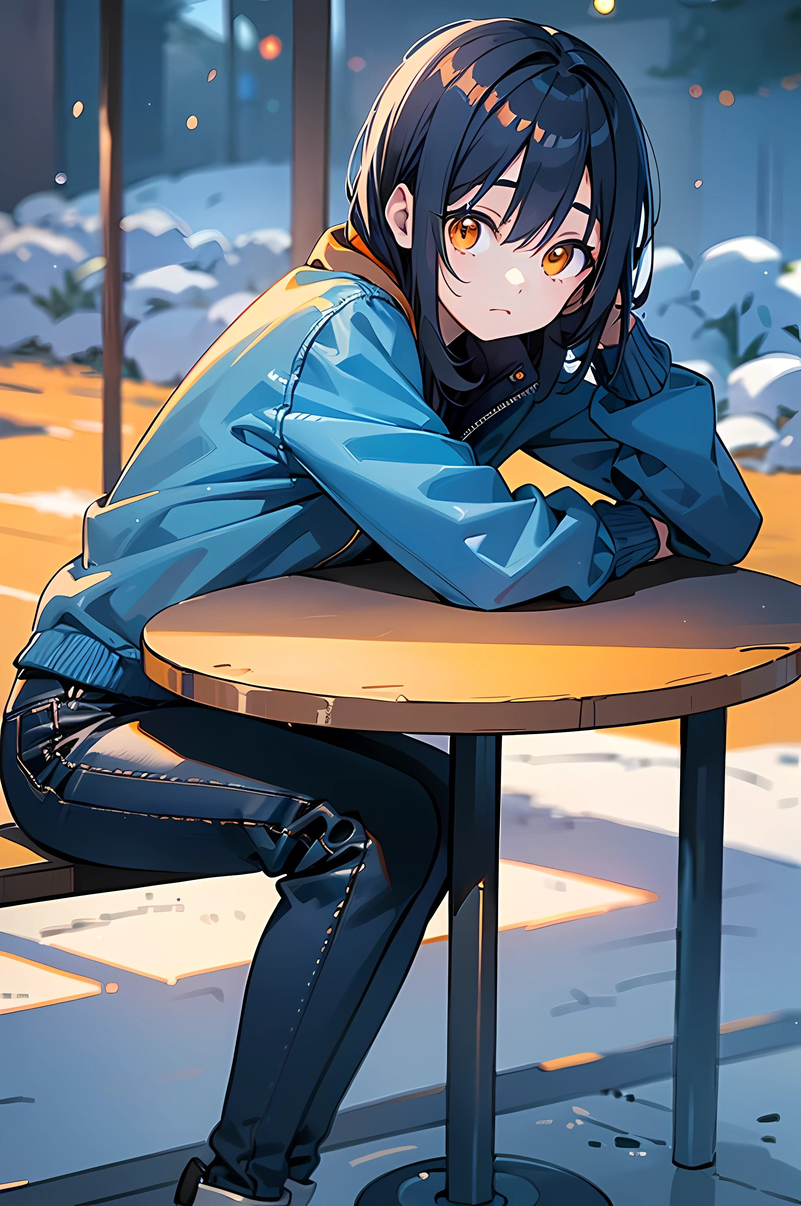 (8K Ultra High-Quality) (Masterpieces) (Image) (人物: Rimuru) 1 Girl 17years old, Short Black hair, Orange eyes colors, Blue Jacket, Jean, background in snow town, sitting at table outside of the restaurant, natural face looking at viewer.