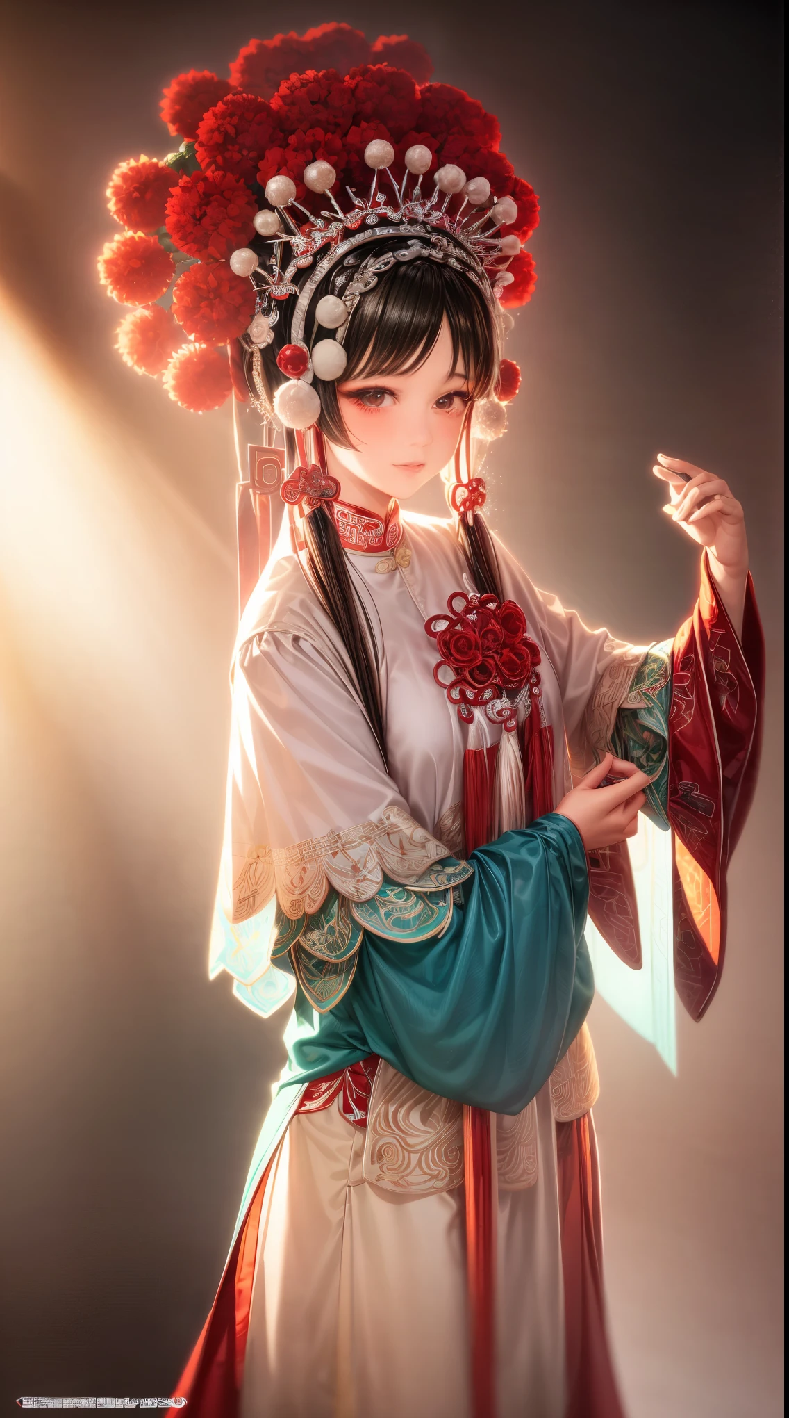 Resolution and quality: 8K, top quality, realistic, medium photography, grainy photos Photography style and effect: Dynamic action, pale and faded style, dreamy nostalgia, soft focus, vignetting, light leak Model information: Cute white facial expressions, delicate makeup, bright sparkling eyes, A female height of 1.8 meters Costumes and accessories: Blue and white Peking Opera costumes, Chinese opera, Peking Opera costumes, red pom-pom headpiece Scenes and backgrounds: Attic interior backgrounds, green waves, red and white color scheme Momentum and emotions: Grand and spectacular, majestic momentum, characters' happy expressions, crazy and complex Techniques and details: Ultra-detailed carving, miniature photography techniques, super realistic photo-level