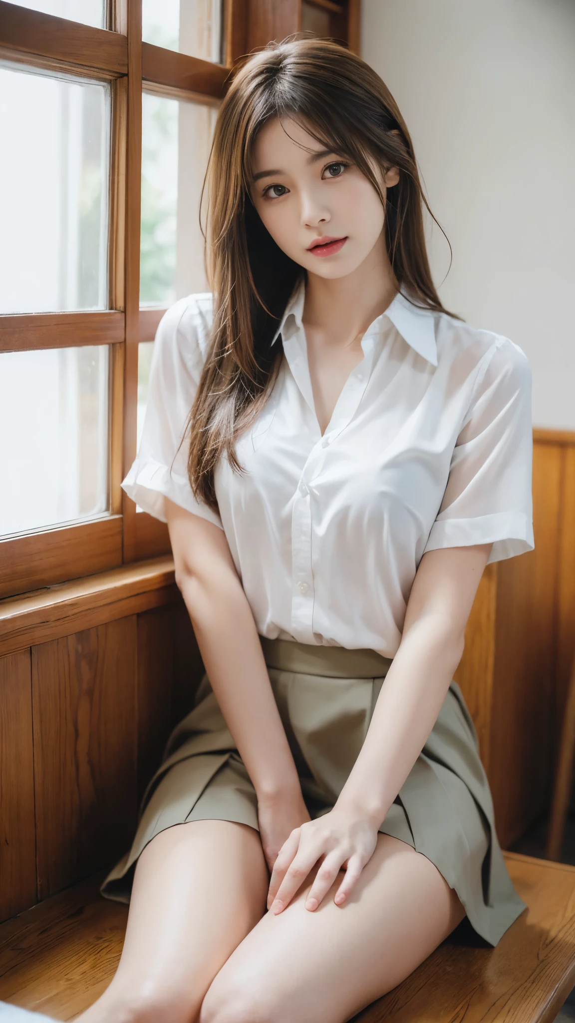 An ultra-high picture quality,8K,Real image quality,back lighting,Asian Girl,1 persons,((Semi-long chignon)),smooth hair,Blonde hair,delicated face,Beautiful face,Eyes and nose stand out clearly,Beautiful eyebrows trimmed,Lashes,Detailed eyes,Detailed skin,realskin,slenderbody,petite girl in,middlebreasts,masutepiece,Raw photo,well-muscled,Beautiful and shiny hair(,Less exposed skin),(White oversized collared shirt),pleatedskirt,Face narrowing