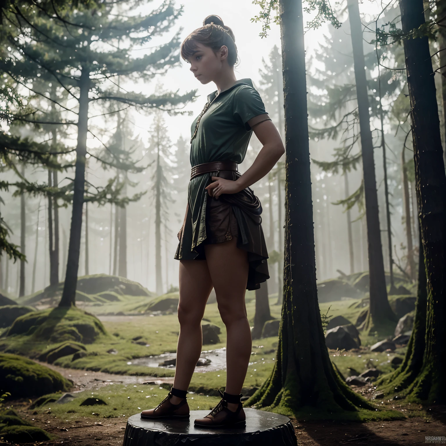 Sophia Lillis, plump body, braided ponytail, fantasy forest, fantasy picture, standing on a pedestal like a statue 