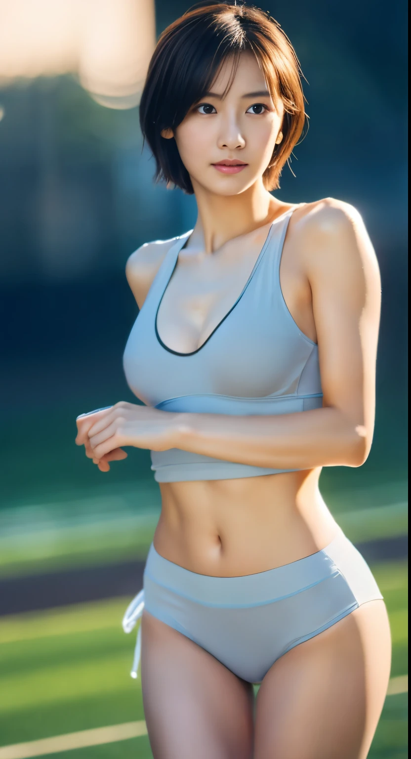 Photorealistic beautiful female student、18-year-old、Night view、amazingly beautiful、extremely fine transparency、beautiful body、(highest quality、8K、32K、masterpiece、nffsw:1.3)、ultra high resolution,(Photoreal:1.4),RAW photo, detailed face,,beautiful hair, ((Doctor Style)), ,very short hair 、very short hair、clean breasts、amazingly beautiful二重まぶた、beautiful nipples、 natural makeup,, small perfect breasts, wet hair、detailed background, perfect lighting, Depth of written boundary, beautiful shadow gradation、thin limbs、thin thighs、((whole body))、((Athletic Wear、running))、wet body、((stadium))、Beautiful and slim perfect body、beautiful high nose、Trimmed thin pubic hair、large crowd