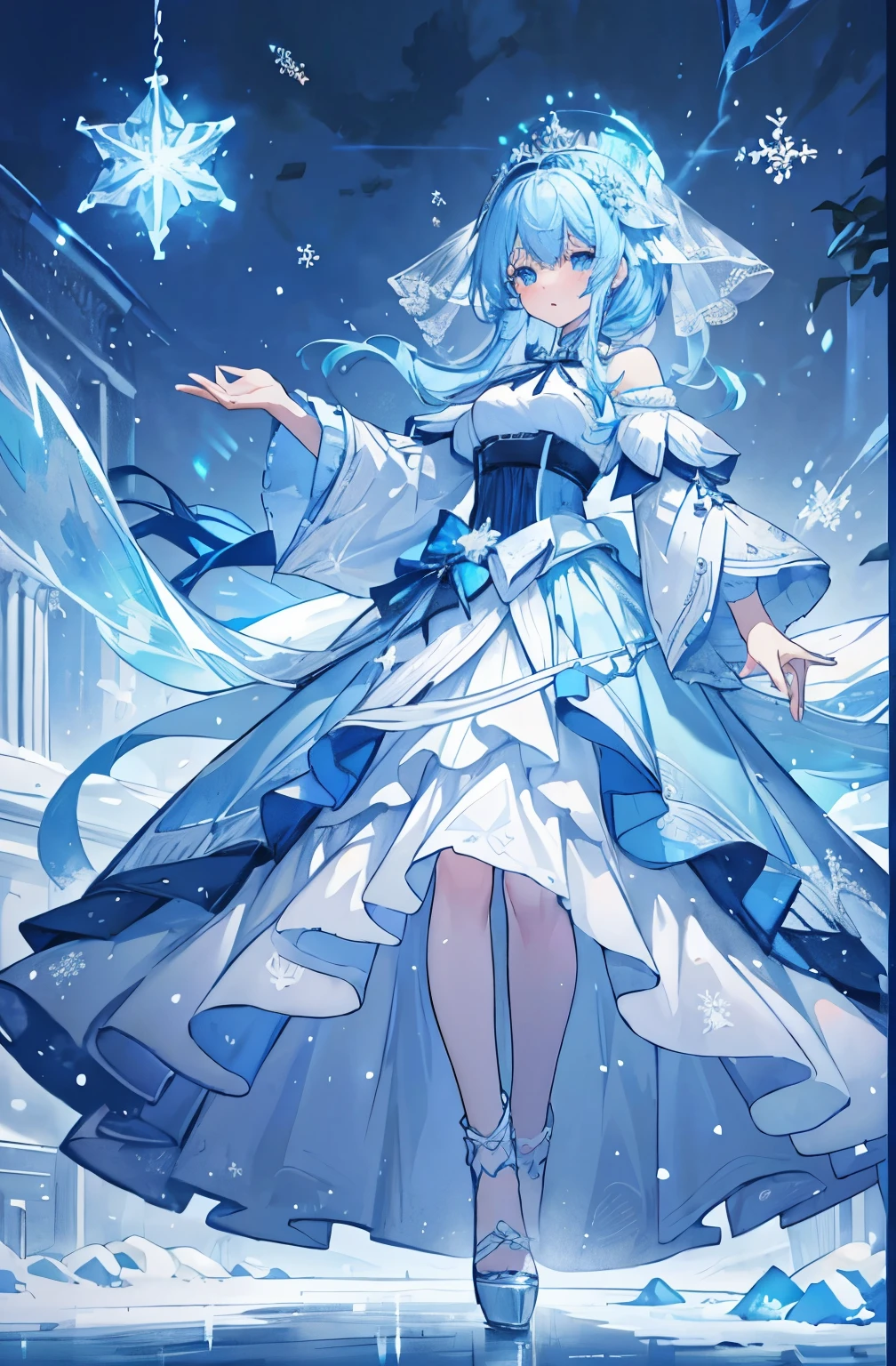 (masterpiece:1.2, best quality)), Royal sister,alone, Holy,Serious,Ice blue gradient hair,Crown of Ice, Long ice blue hair, Long floor-length skirt, Ice blue dress, hanging in the air,Heavy snowfall,ice-blue-eyes, ribbon, Snow,snowflake pattern,magic, dark clouds,raise one hand