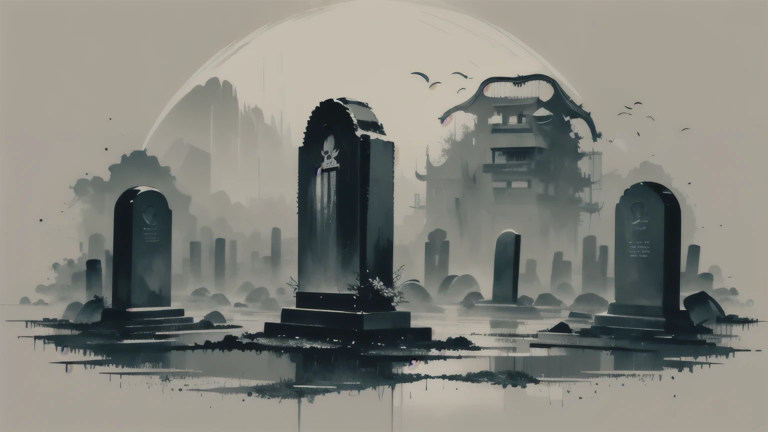anime illustration of a graveyard, sad, rain, graveyard scenery, grave, veil, ink smudges, rain, inky, abstract, Chinese aesthetic, Absurd, high resolution, ultra-detailed, (1 girl:1.3),