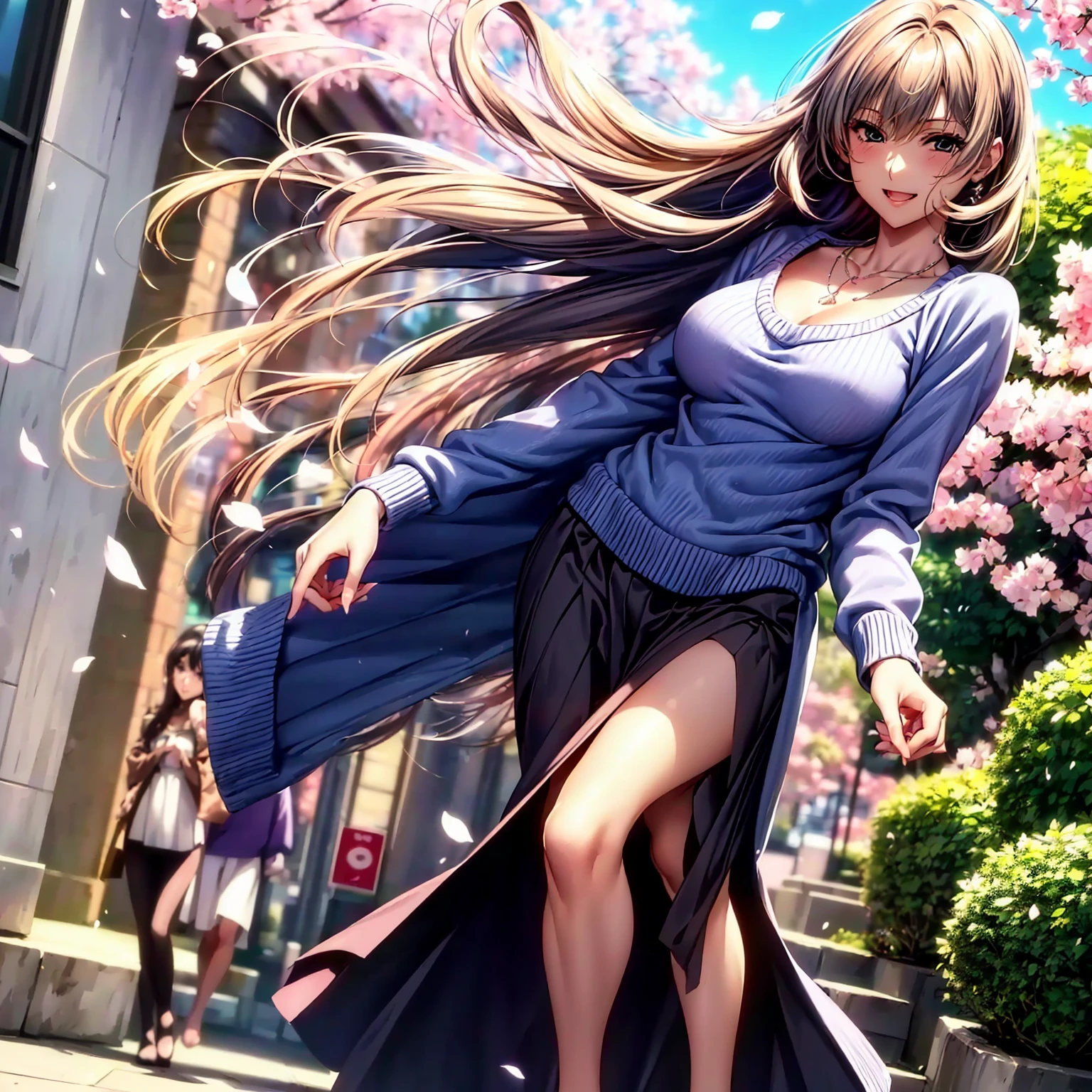 (((highest quality,masterpiece,very high resolution,super high quality,perfect pixel))), (((There is a woman with perfect and ultimate beauty.,perfect body,Beautiful face is drawn in detail, blush、cute face、beautiful outline、smile, open your mouth))),((long hair, neat bangs, Beautiful hair texture)),((Beautiful slit eyes,beautiful eyes,strong-willed eyes, beautiful eyelashes, realistic eyes)), ((beautiful breasts,beautiful feet)),((sweater:color and pattern,pleated skirt:Patterns and colors, 1 diamond necklace,Clothing that exposes the shoulders,Clothing that exposes the thighs,Excellent fashion sense)),(realistic skin texture,realistic texture:,RAW photo,Anime CG style, bright colors), (standing posture,dynamic angle,dynamic pose, model shoot), (garden,cherry blossoms並木道, cherry blossoms, cherry blossomsの花が散る,the wind is blowing),beautiful anime woman, beautiful art style, anime character、Overall image、Detailed images、accurate anatomy、Image without defects、natural soft light、beautiful images、非常にDetailed images、(Best Shot 1.5)