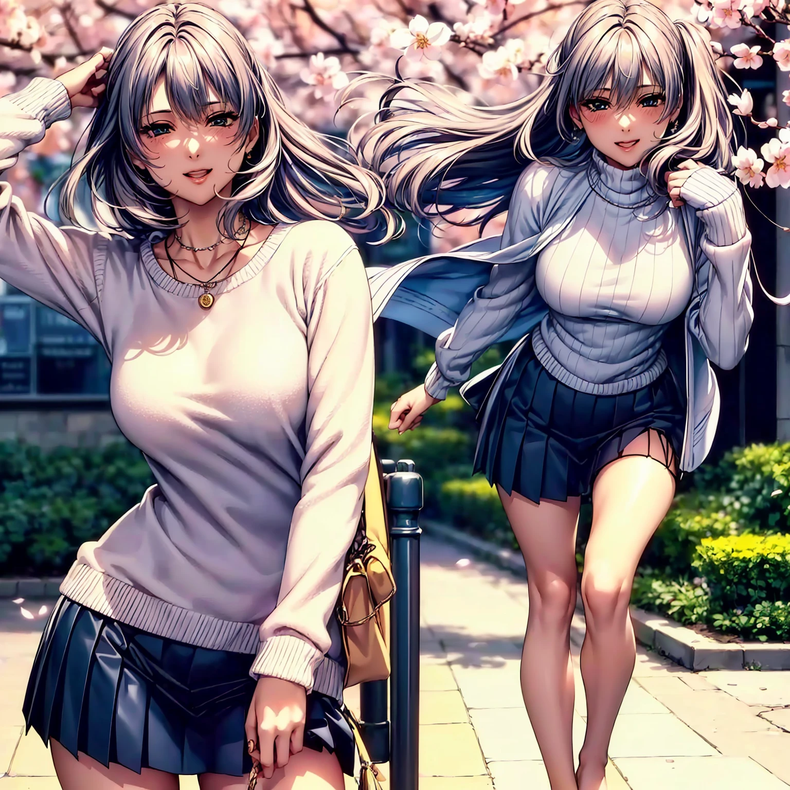 (((highest quality,masterpiece,very high resolution,super high quality,perfect pixel))), (((There is a woman with perfect and ultimate beauty.,perfect body,Beautiful face is drawn in detail, blush、cute face、beautiful outline、smile, open your mouth))),((long hair, neat bangs, Beautiful hair texture)),((Beautiful slit eyes,beautiful eyes,strong-willed eyes, beautiful eyelashes, realistic eyes)), ((beautiful breasts,beautiful feet)),((sweater:color and pattern,pleated skirt:Patterns and colors, 1 diamond necklace,Clothing that exposes the shoulders,Clothing that exposes the thighs,Excellent fashion sense)),(realistic skin texture,realistic texture:,RAW photo,Anime CG style, bright colors), (standing posture,dynamic angle,dynamic pose, model shoot), (garden,cherry blossoms並木道, cherry blossoms, cherry blossomsの花が散る,the wind is blowing),beautiful anime woman, beautiful art style, anime character、Overall image、Detailed images、accurate 、Image without defects、natural soft light、beautiful images、非常にDetailed images、(Best Shot 1.5)