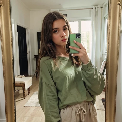 Create a photo of a European girl with light brown hair and green eyes dressed in oversized clothes taking a selfie and a photo in front of the mirror at home