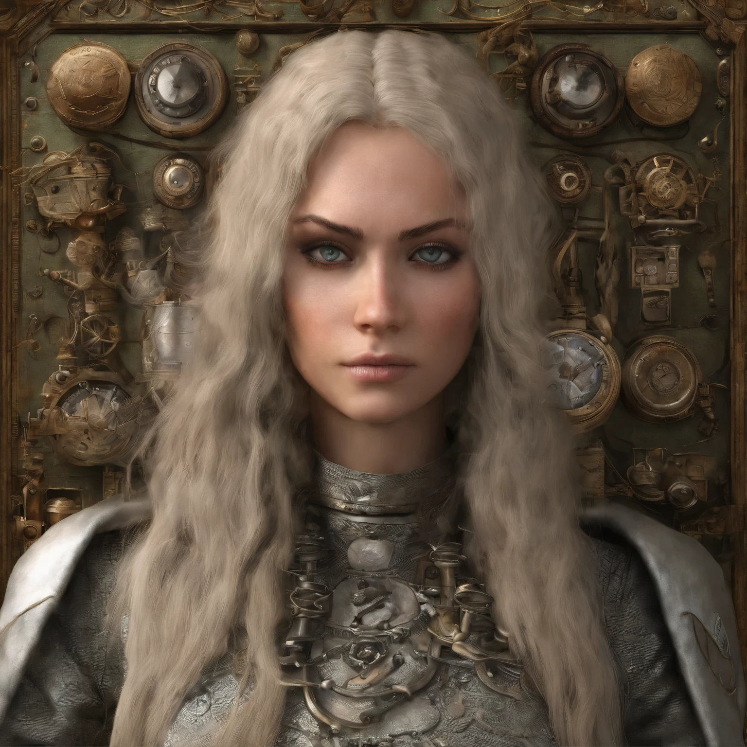 Un train circule entre deux mondes et un Teint clair, Femme environ 19 ans, cheveux blancs naturels, Yeux verts distinctifs, porter une tenue Steampunk, mince et gracieux, beau, Aux chandelles dans un décor médiéval, Mise au point ultra nette, tir réaliste, Vêtements féminins médiévaux, couleurs tétradiques (cicatrice:1.4)