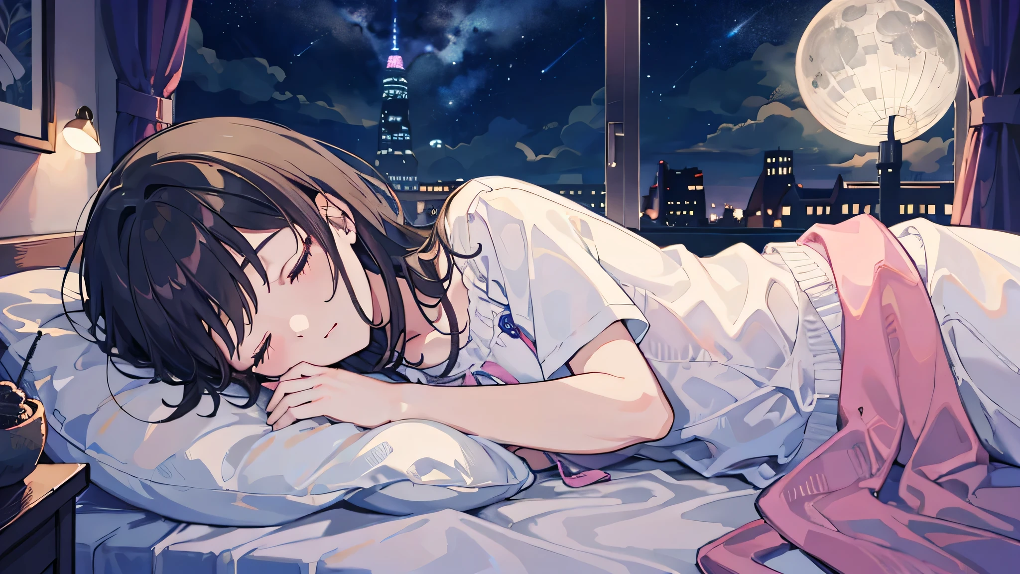 masterpiece、Peaceful night、starry sky、Moonlight night、 with black hair sleep Happy sleeping face At the bed in the room by night cloudy