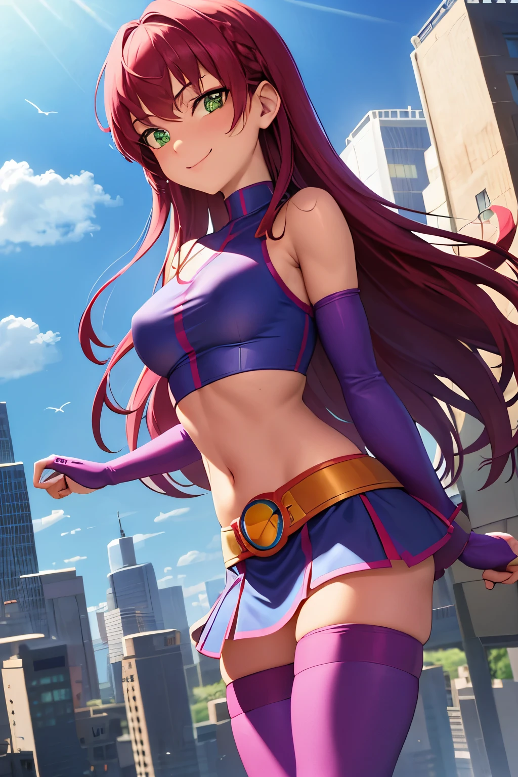 masterpiece, best quality, 1girl, starfire, red hair, long hair, green eyes, orange skin, crop top, midriff, miniskirt, thighhighs, thigh boots, glowing, casting magic green balls, solo, looking at viewer, smile, solo, blue sky, flying, city below  