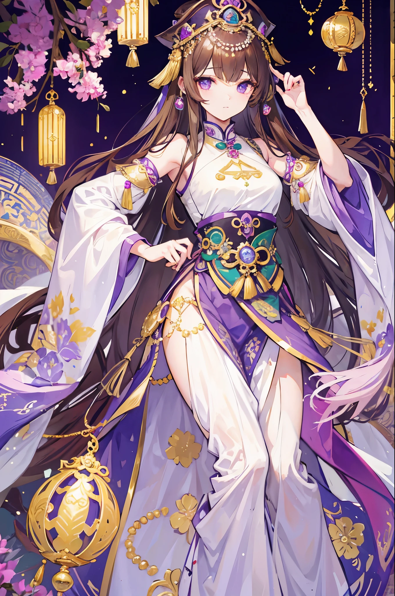 Little princess,Extremely handsome, beautiful, tender and young,Late Qing Dynasty,Covered with gold and silver jewelry, luminous pearls and jade rings,Various decorations are prosperous,infinite beauty,Bit high weight,Light purple brown color scheme