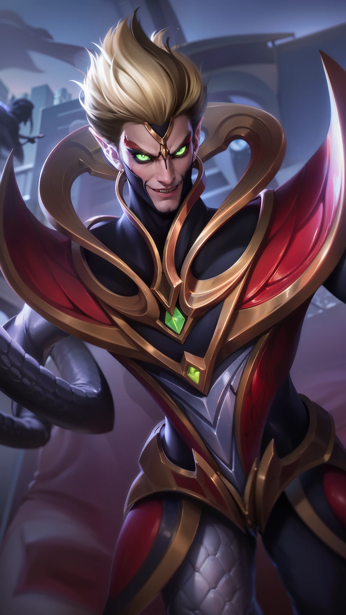 masculine male, masterpiece, ((perfect eyes)) best quality, (semirealism:1.9), beautiful lighting, (extremely detailed CG unity 4k fhd wallpaper), High Detail, Sharp focus, dramatic outdoors,40 years old, brown short hair, blue eyes, smile, Boy with two big horns, big earrings on ears, elf ear, red eyes, Thick eyebrows, evil smile, grinning,red body, red face, Burning skin, yellow diamonds glistening on chest, burning red skin,golden robe behind, big white belt , 8k , realistic, scary.